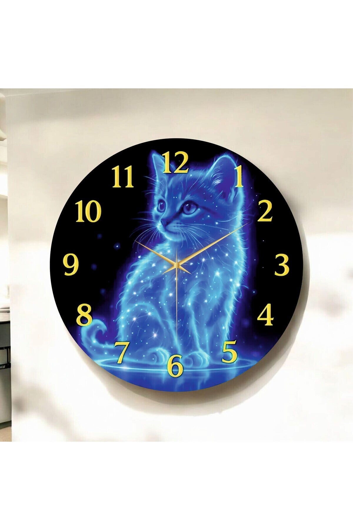 Renkli Baskı Kedi Dijital Desenli Sayılı Hediyelik Ahşap Sessiz Tablo Duvar Saati