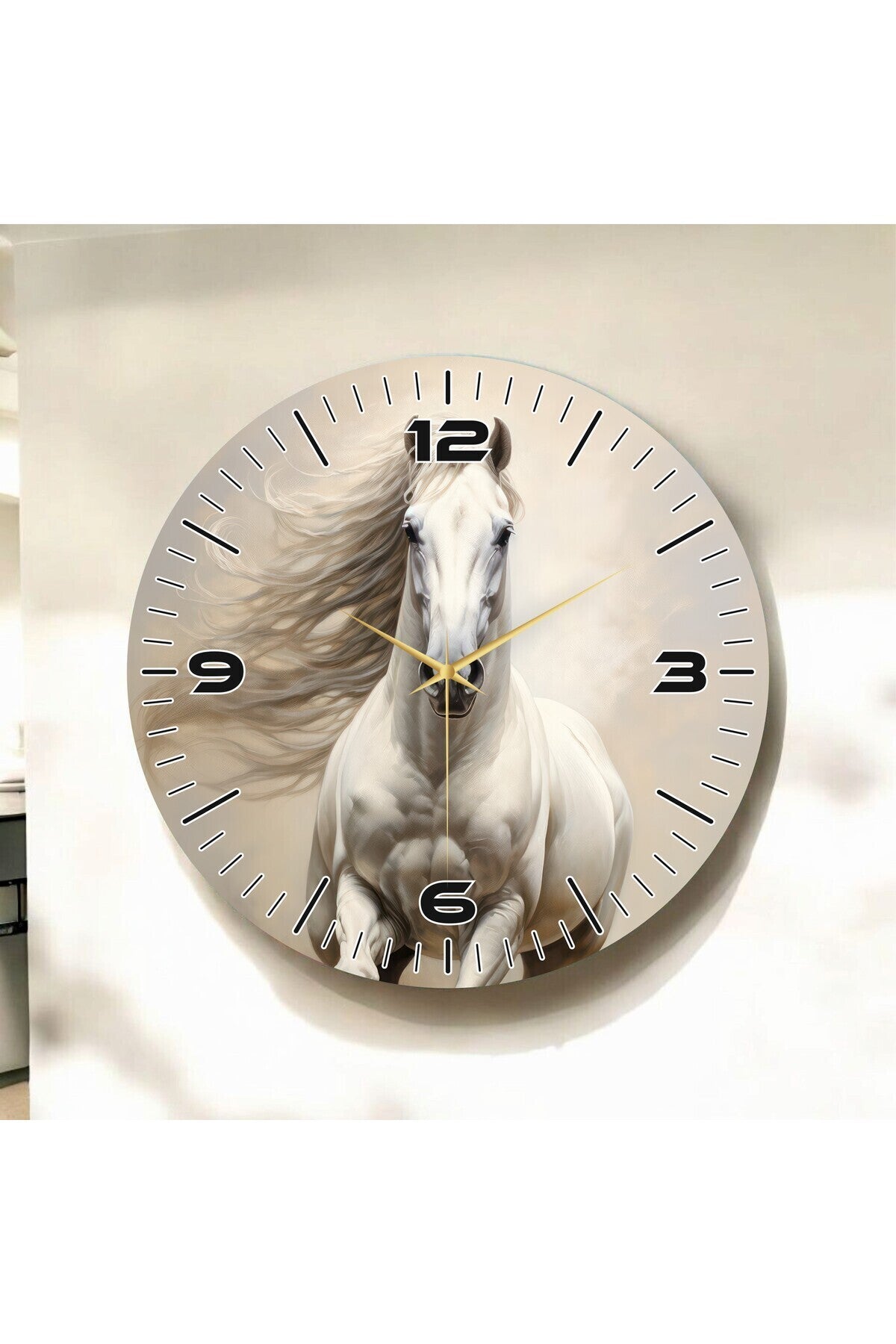 Şık Beyaz Renkli At Baskılı Hayvan Desenli Sayılı Hediyelik Ahşap Sessiz Tablo Duvar Saati