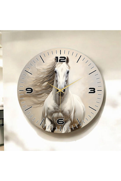 Şık Beyaz Renkli At Baskılı Hayvan Desenli Sayılı Hediyelik Ahşap Sessiz Tablo Duvar Saati