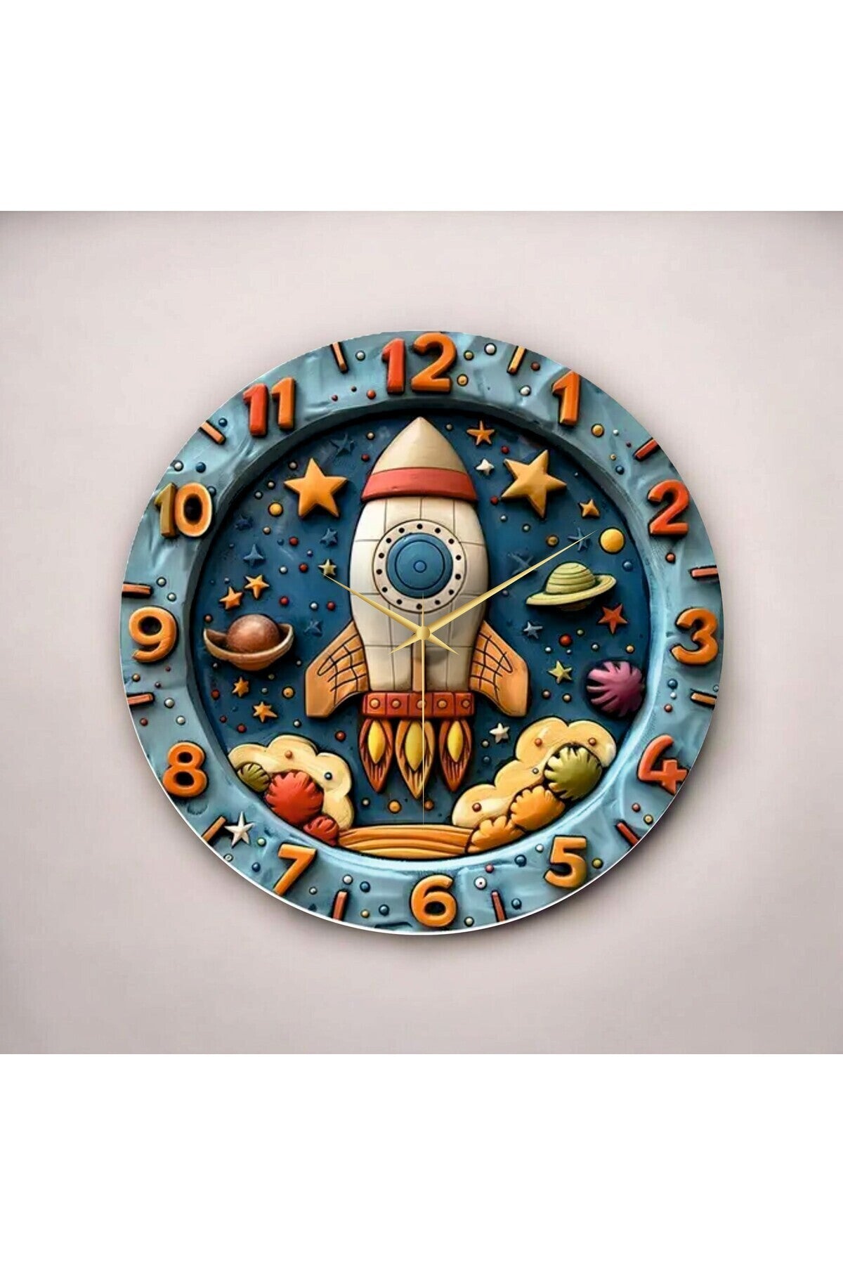Renkli Baskı Uzay Çocuk Desenli Sayılı Hediyelik Ahşap Sessiz Tablo Duvar Saati