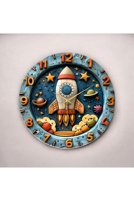 Renkli Baskı Uzay Çocuk Desenli Sayılı Hediyelik Ahşap Sessiz Tablo Duvar Saati