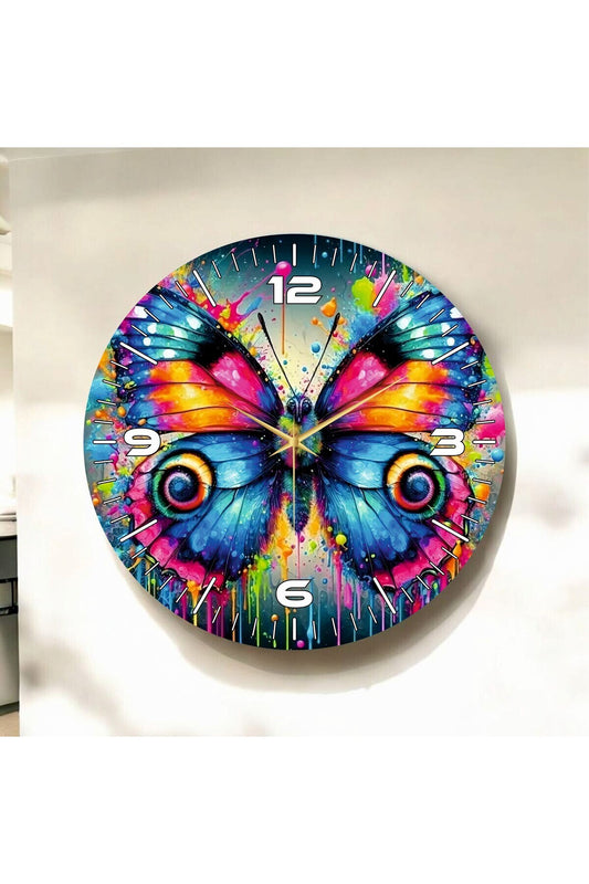 Kelebek Hayvan Renkli Baskı Desenli Sayılı Hediyelik Ahşap Sessiz Tablo Duvar Saati 50cm