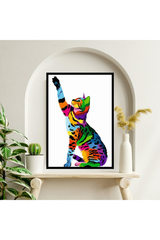 Kedi Hayvan Büyük Boy Renkli Solmaz Kaliteli Baskı Çerçeve Görünümlü MDF Tablo 70x50cm 02