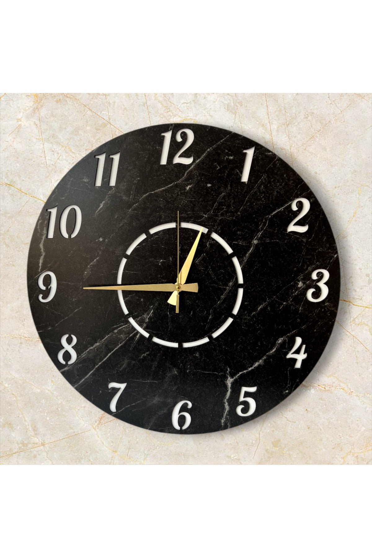 Mermer Desenli Ahşap Siyah Sade Modern Sayılı Salon Ofis Hediyelik Büyük Boy Sessiz Duvar Saati 50cm