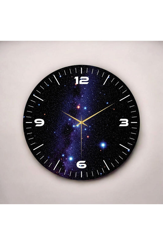 Uzay Yıldız Tasarımlı Siyah Renkli Baskı Desenli Sayılı Hediyelik Ahşap Sessiz Duvar Saati