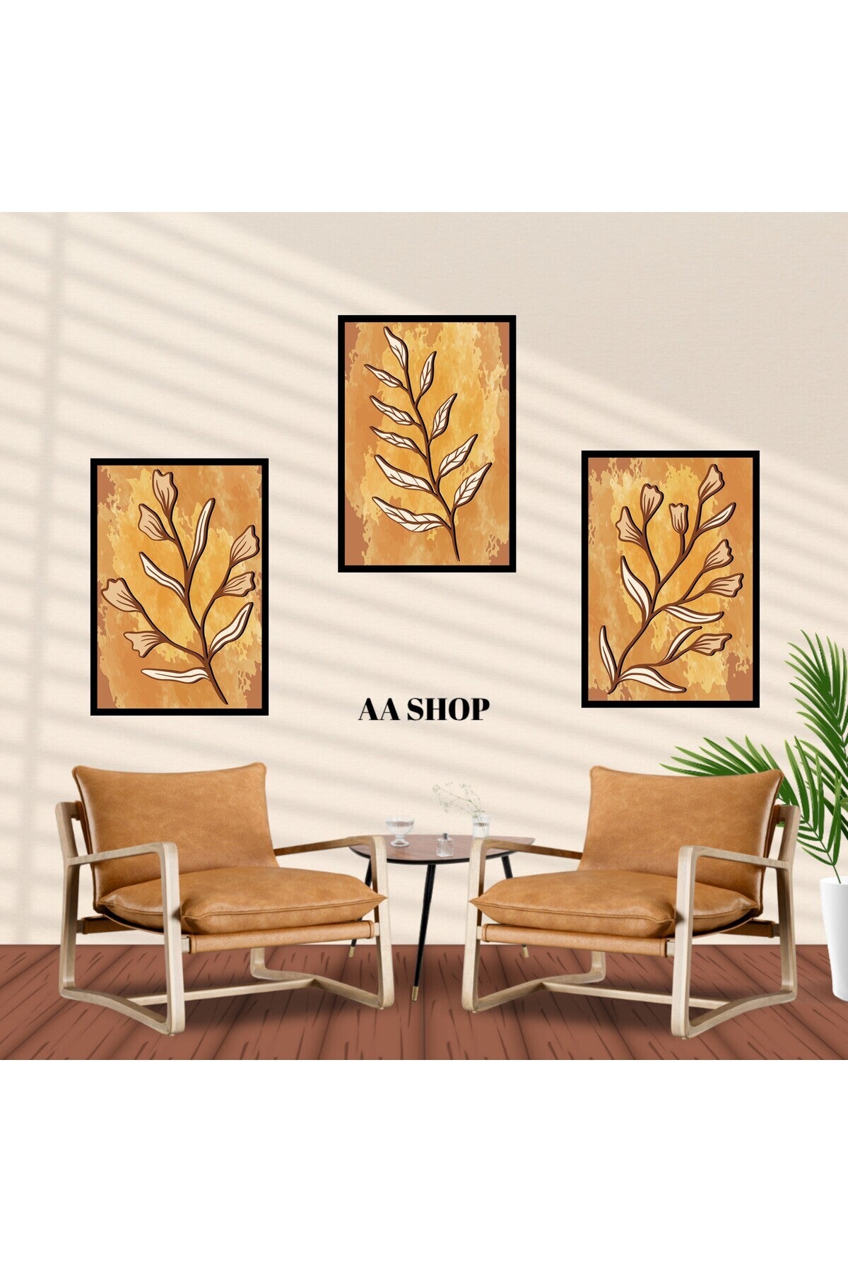 3 Parça Çiçek Yaprak Renkli Solmaz Kaliteli Baskı Çerçeve Görünümlü MDF Tablo Set 79