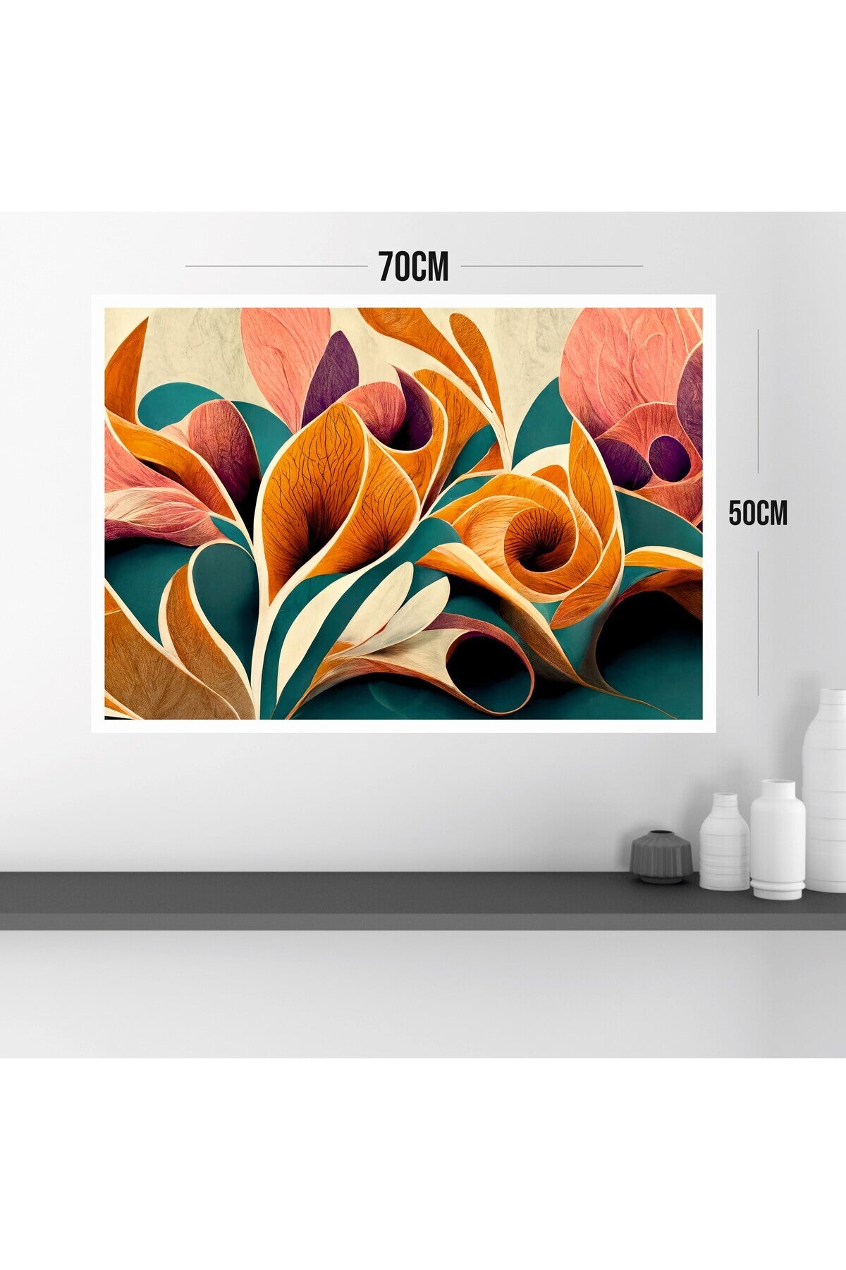 Çiçek Yaprak Büyük Boy Renkli Solmaz Kaliteli Baskı Çerçeve Görünümlü MDF Tablo 70x50cm 160