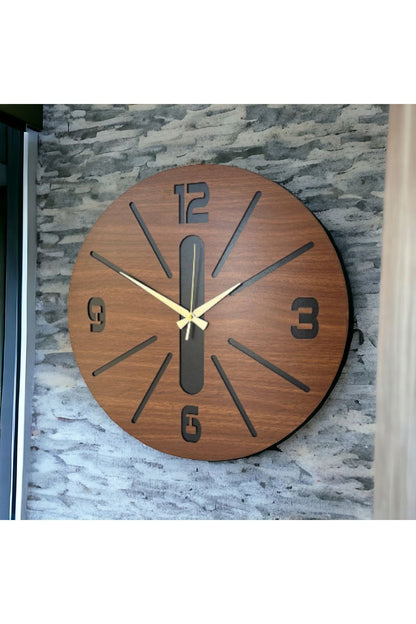 Ceviz Siyah Renk Hediyelik Ahşap Dekoratif Çizgili Farklı Desenli Duvar Saati 50cm