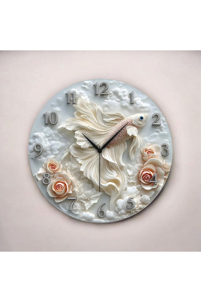 Renkli Baskı Balık Gül Çiçek Desenli Sayılı Hediyelik Ahşap Sessiz Tablo Duvar Saati