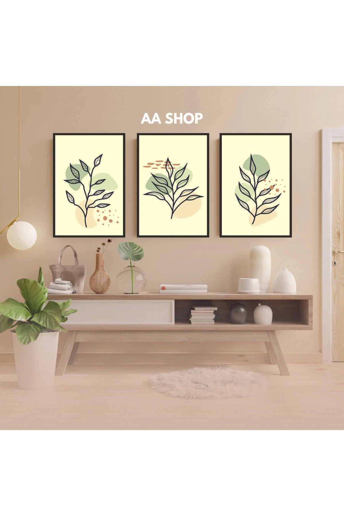 3 Parça Çiçek Yaprak Renkli Solmaz Kaliteli Baskı Çerçeve Görünümlü MDF Tablo Set 66