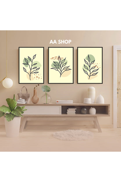 3 Parça Çiçek Yaprak Renkli Solmaz Kaliteli Baskı Çerçeve Görünümlü MDF Tablo Set 66