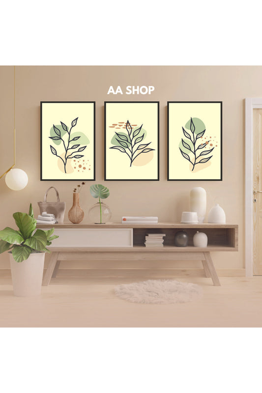 3 Parça Çiçek Yaprak Renkli Solmaz Kaliteli Baskı Çerçeve Görünümlü MDF Tablo Set 66