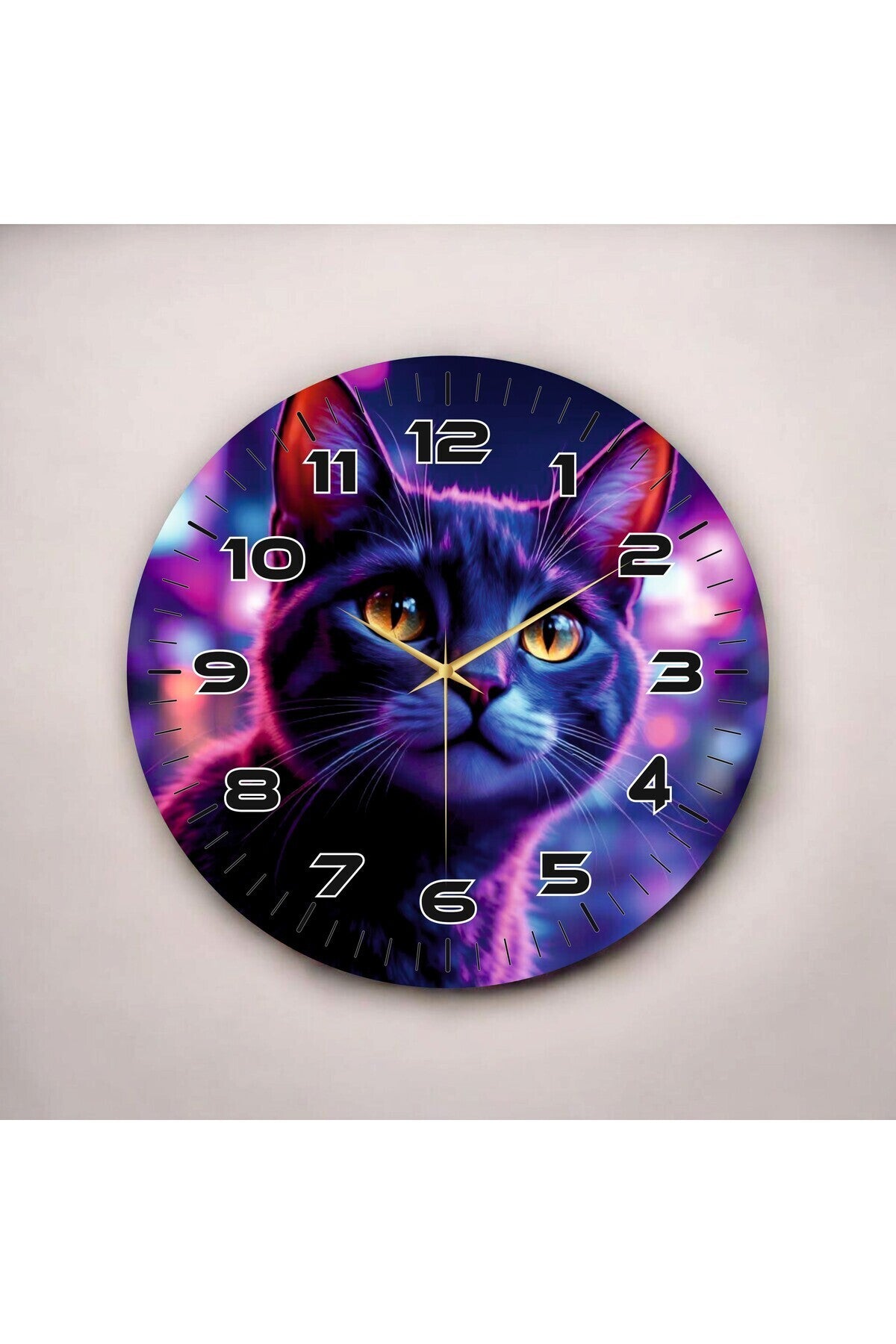 Kedi Hayvanlı Renkli Baskı Desenli Sayılı Hediyelik Ahşap Sessiz Tablo Duvar Saati 50cm