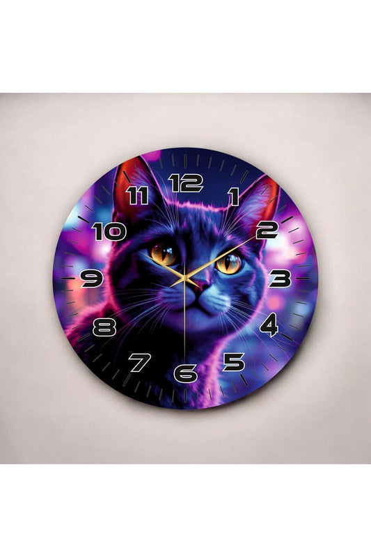 Kedi Hayvanlı Renkli Baskı Desenli Sayılı Hediyelik Ahşap Sessiz Tablo Duvar Saati 50cm