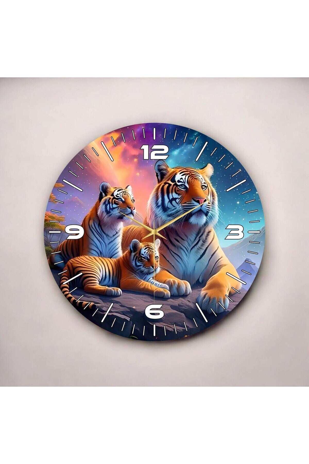 Kaplan Temalı Renkli Baskı Hayvan Desenli Sayılı Hediyelik Ahşap Sessiz Tablo Duvar Saati