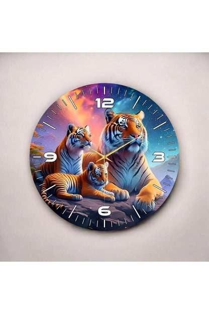 Kaplan Temalı Renkli Baskı Hayvan Desenli Sayılı Hediyelik Ahşap Sessiz Tablo Duvar Saati