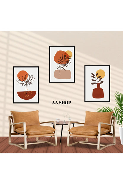 3 Parça Çiçek Yaprak Renkli Solmaz Kaliteli Baskı Çerçeve Görünümlü MDF Tablo Set 24