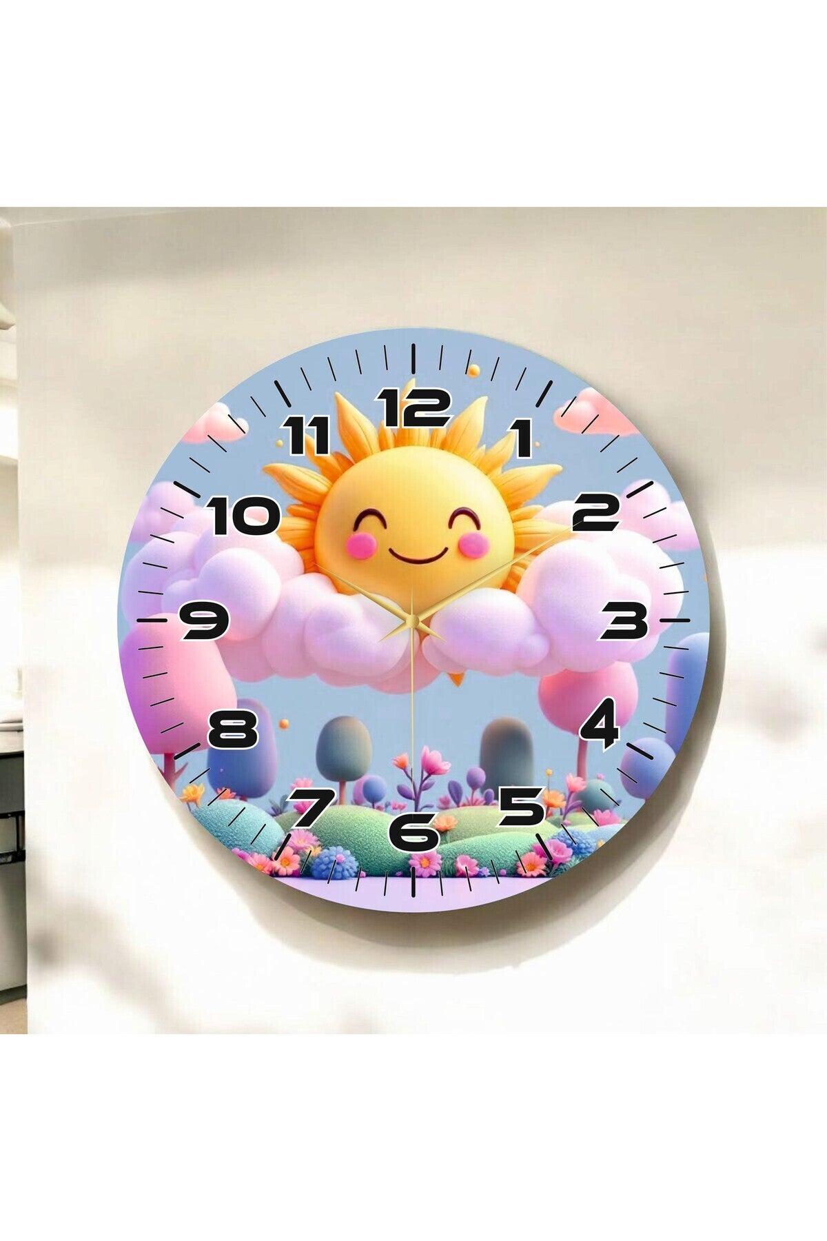 Renkli Baskı Güneş Bulut Çocuk Desenli Sayılı Hediyelik Ahşap Sessiz Tablo Duvar Saati