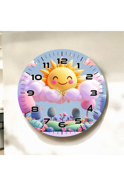 Renkli Baskı Güneş Bulut Çocuk Desenli Sayılı Hediyelik Ahşap Sessiz Tablo Duvar Saati