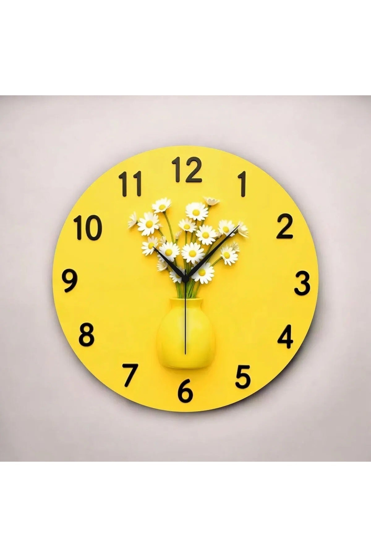 2D Kabartma Görünümlü Sarı Saksı Çiçek Papatya Renkli Sayılı Hediyelik Ahşap Sessiz Duvar Saati