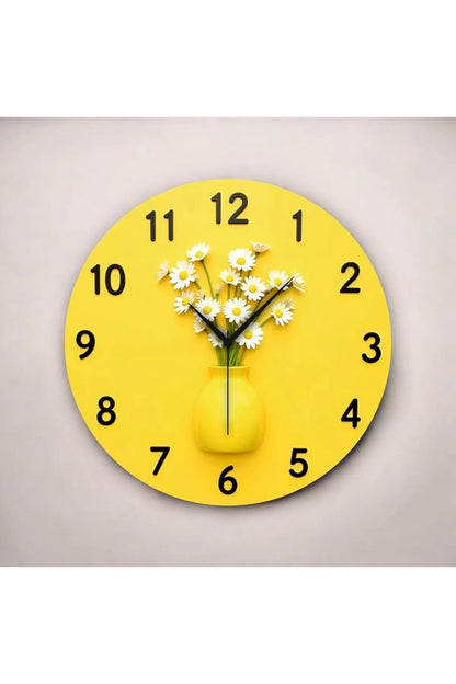 2D Kabartma Görünümlü Sarı Saksı Çiçek Papatya Renkli Sayılı Hediyelik Ahşap Sessiz Duvar Saati