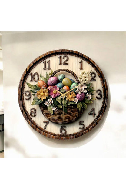 Renkli Baskı Çiçek Yumurta Desenli Sayılı Hediyelik Ahşap Sessiz Tablo Duvar Saati