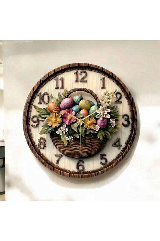 Renkli Baskı Çiçek Yumurta Desenli Sayılı Hediyelik Ahşap Sessiz Tablo Duvar Saati