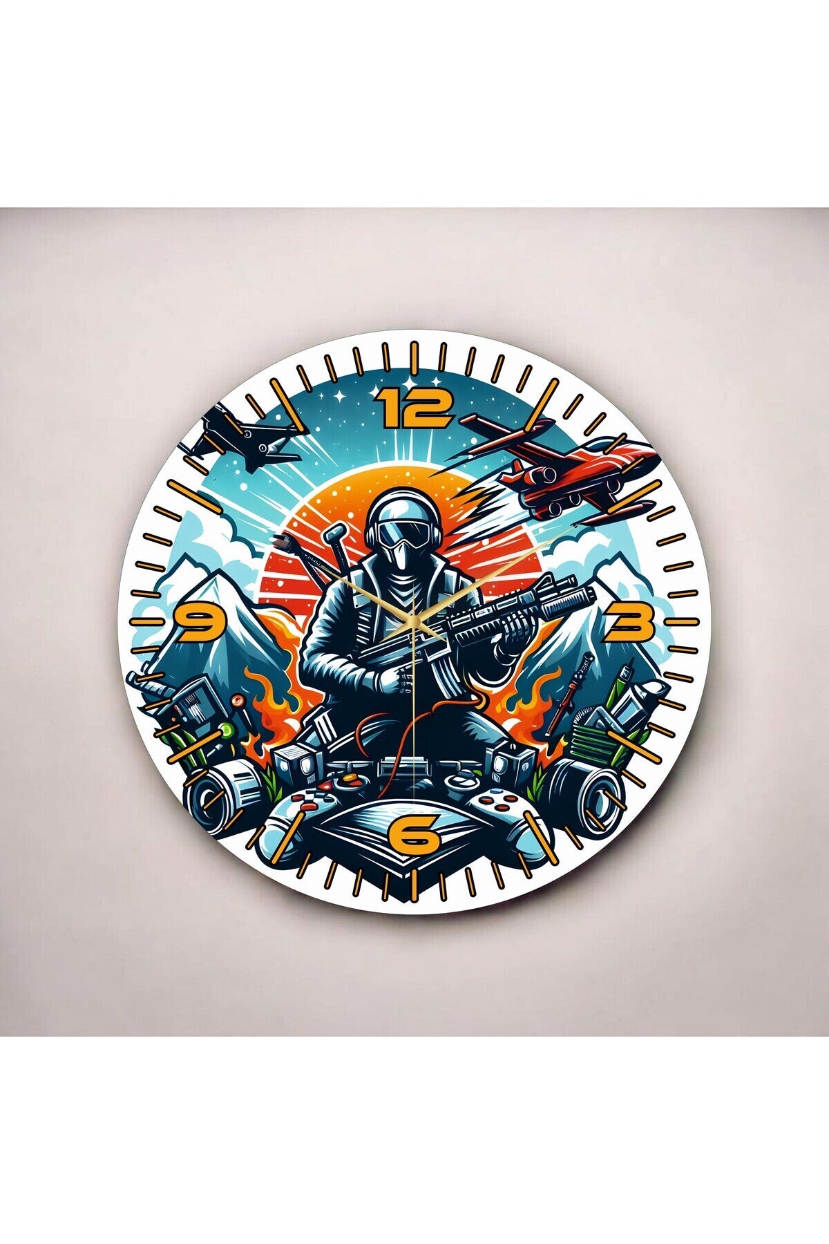 Renkli Baskı Gamer Tasarım Desenli Sayılı Hediyelik Ahşap Sessiz Tablo Duvar Saati