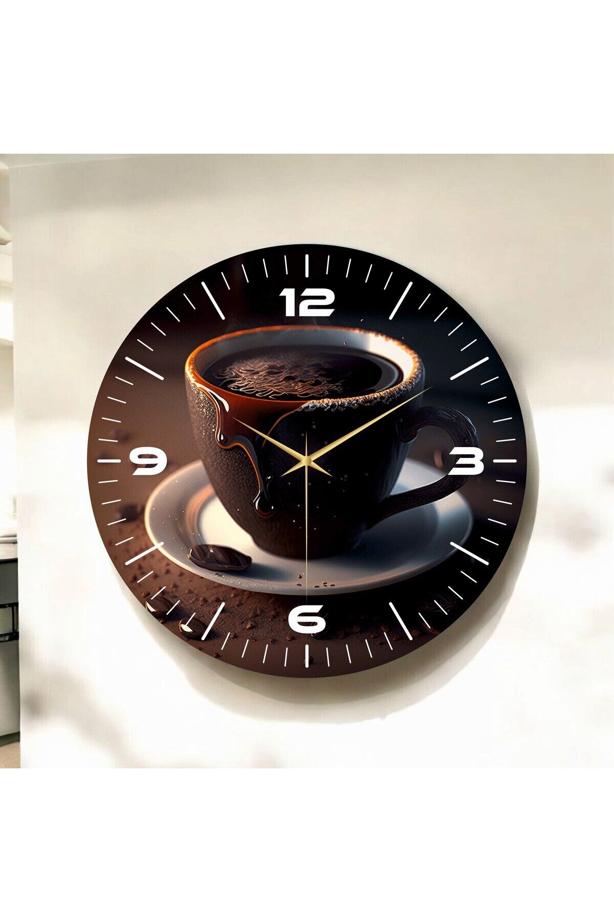 Renkli Baskı Kahve Desenli Sayılı Hediyelik Ahşap Sessiz Tablo Duvar Saati