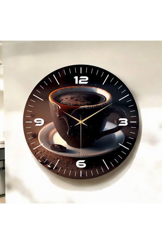 Renkli Baskı Kahve Desenli Sayılı Hediyelik Ahşap Sessiz Tablo Duvar Saati