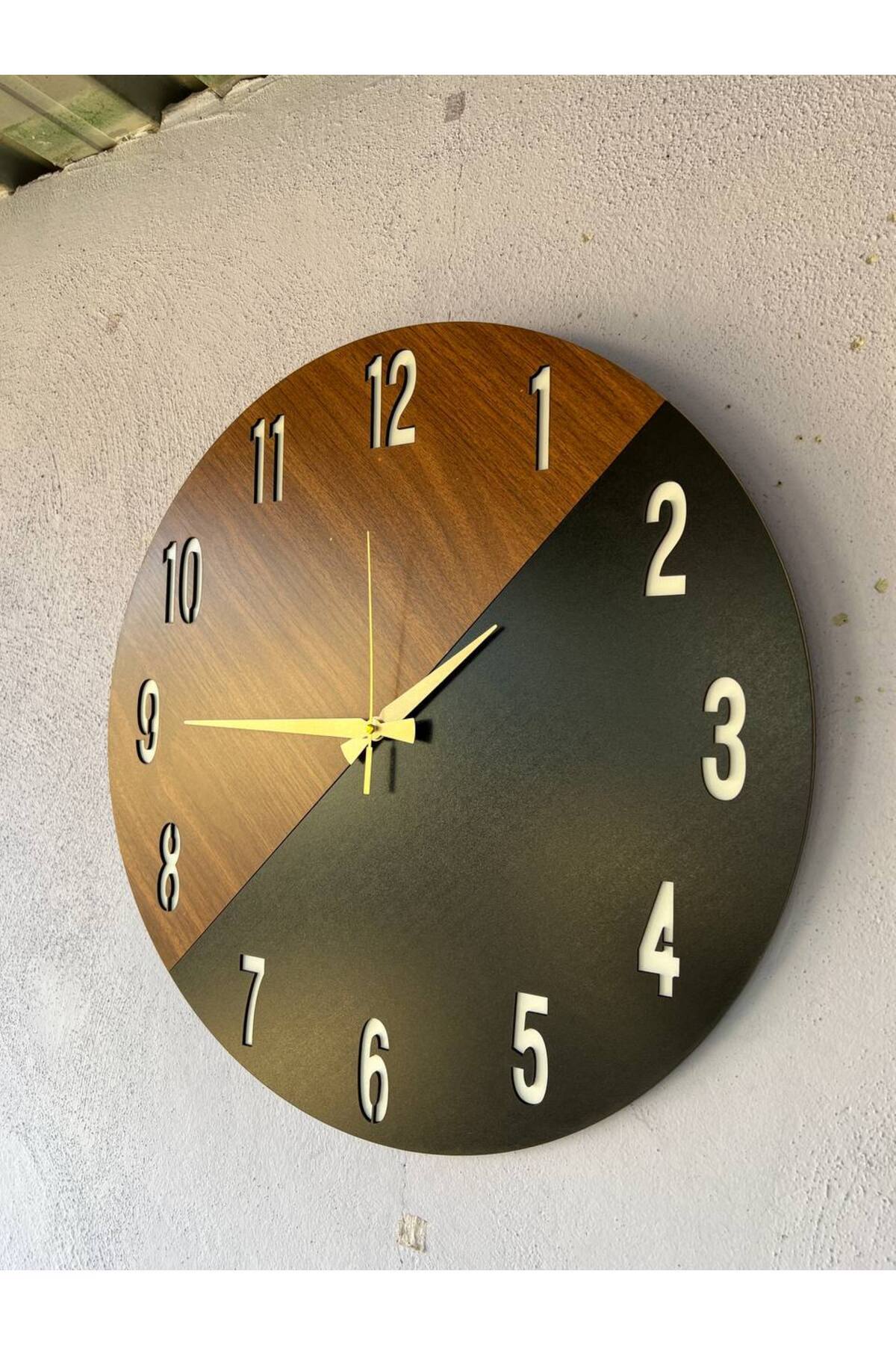 Ahşap Siyah Ceviz Mobilya Renk Desenli Hediyelik Sessiz Duvar Saati 50cm