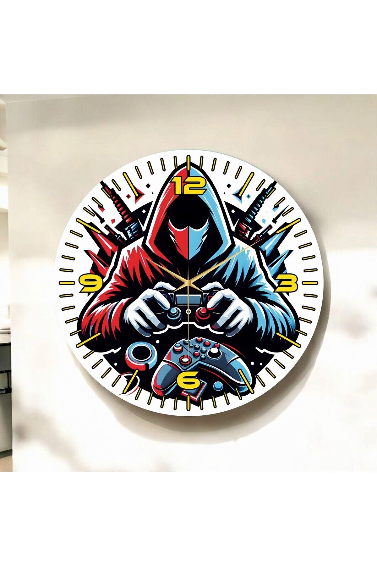 Renkli Baskı Gamer Oyuncu Desenli Sayılı Hediyelik Ahşap Sessiz Tablo Duvar Saati