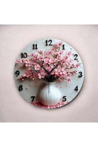 Renkli Baskı Çiçek Saksı Desenli Sayılı Hediyelik Ahşap Sessiz Tablo Duvar Saati