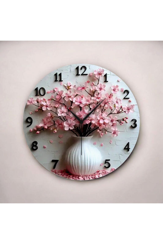 Renkli Baskı Çiçek Saksı Desenli Sayılı Hediyelik Ahşap Sessiz Tablo Duvar Saati