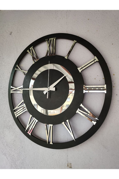 Siyah Renk Gümüş Sayılı Hediyelik Ahşap Dekoratif Farklı Desenli Ev Hediyelik Duvar Saati 50cm