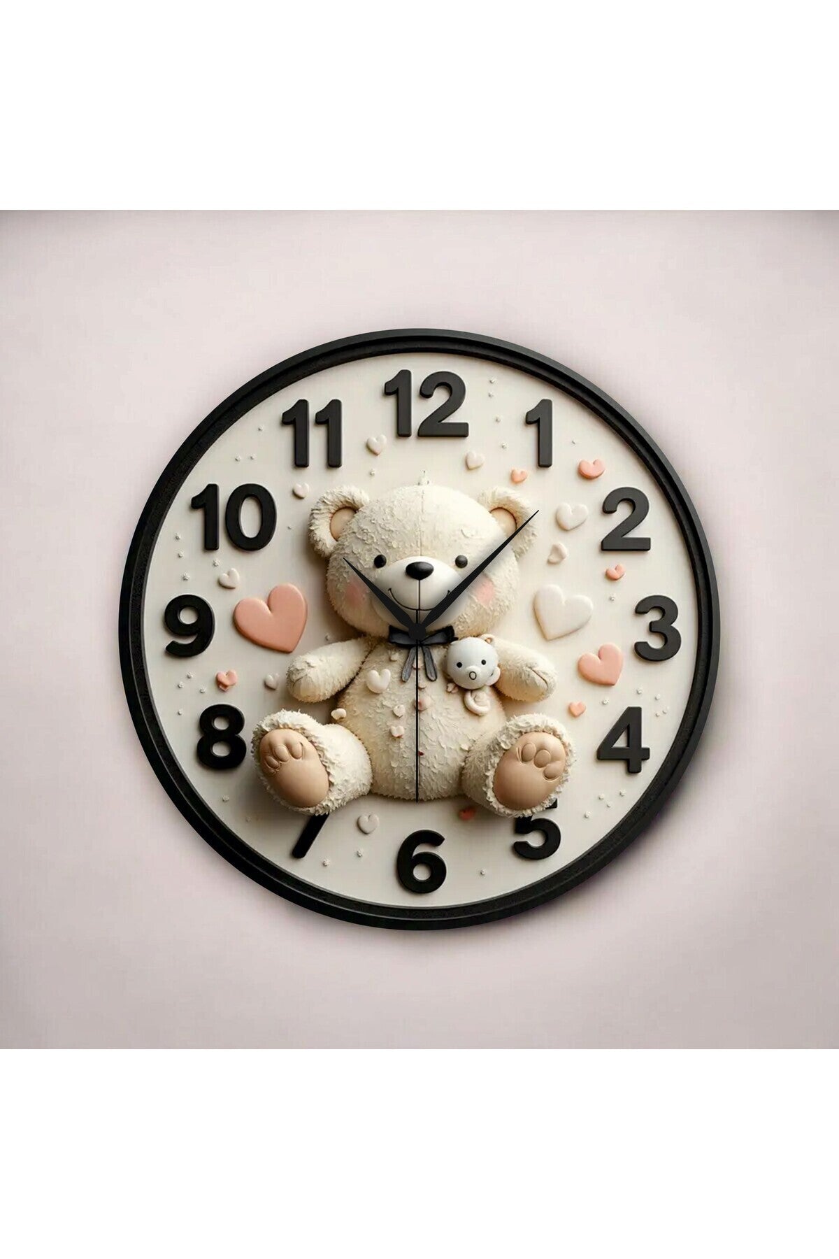 Renkli Baskı Ayıcık Çocuk Desenli Sayılı Hediyelik Ahşap Sessiz Tablo Duvar Saati