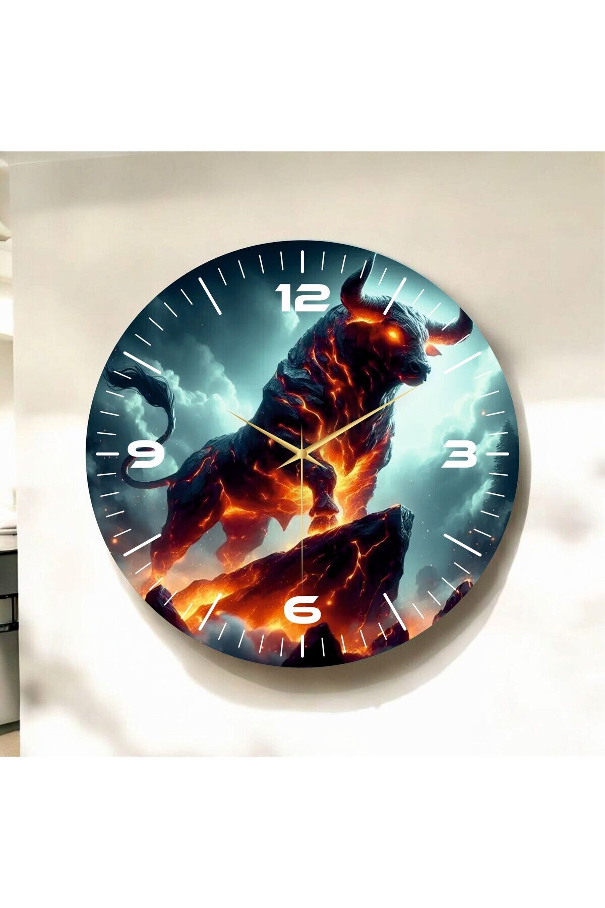 Renkli Baskı Boğa Desenli Sayılı Hediyelik Ahşap Sessiz Tablo Duvar Saati