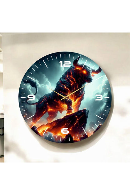 Renkli Baskı Boğa Desenli Sayılı Hediyelik Ahşap Sessiz Tablo Duvar Saati