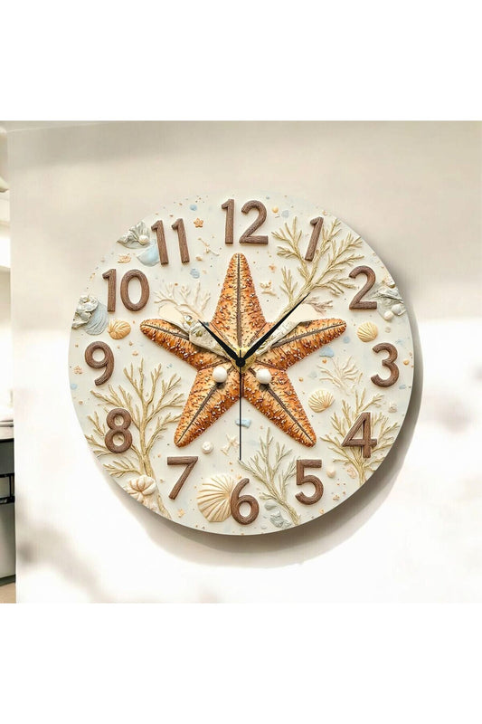 Renkli Baskı Deniz Yıldızı Desenli Sayılı Hediyelik Ahşap Sessiz Tablo Duvar Saati