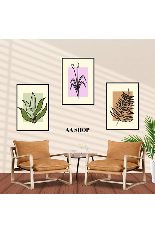 3 Parça Çiçek Yaprak Renkli Solmaz Kaliteli Baskı Çerçeve Görünümlü MDF Tablo Set 37