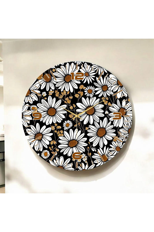 Renkli Baskı Papatya Desenli Sayılı Hediyelik Ahşap Sessiz Tablo Duvar Saati