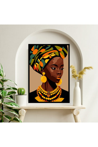 Afrika Kadın Büyük Boy Renkli Solmaz Kaliteli Baskı Çerçeve Görünümlü MDF Tablo 70x50cm 12