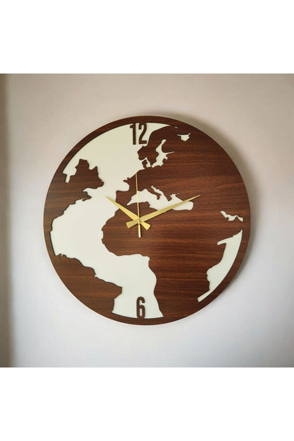 Dünya Haritası Ahşap Ceviz Siyah Renk Sade Sayılı Hediyelik Sessiz Duvar Saati 50cm