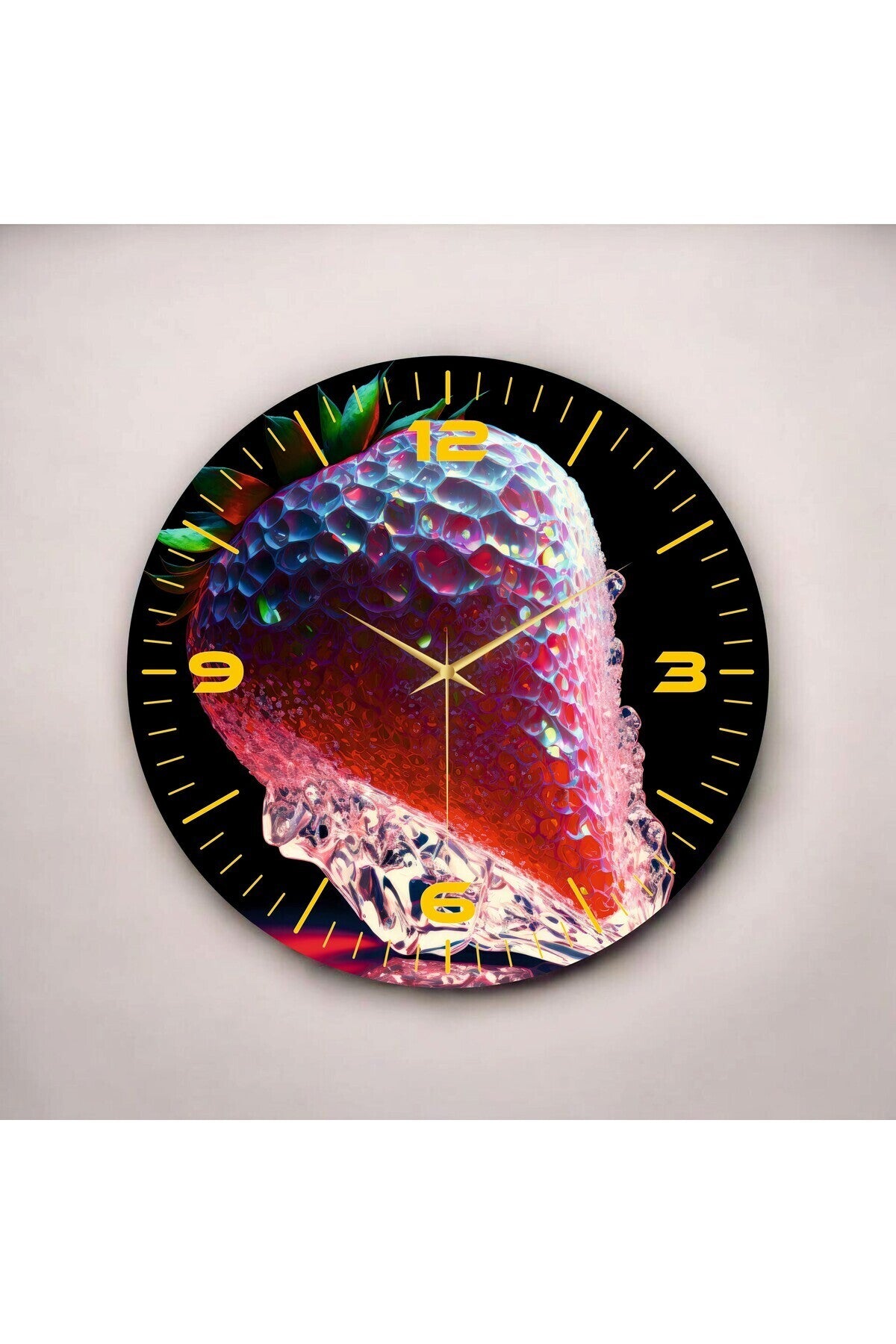 Renkli Baskı Çilek Meyve Desenli Sayılı Hediyelik Ahşap Sessiz Tablo Duvar Saati