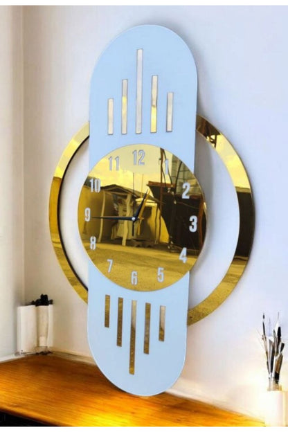 Beyaz Renk Gold Altın Sayılı Hediyelik Ahşap Dekoratif Sessiz Büyük Boy Duvar Saati 70cm