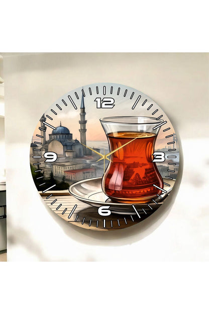 Renkli Baskı Çay İstanbul Desenli Sayılı Hediyelik Ahşap Sessiz Tablo Duvar Saati