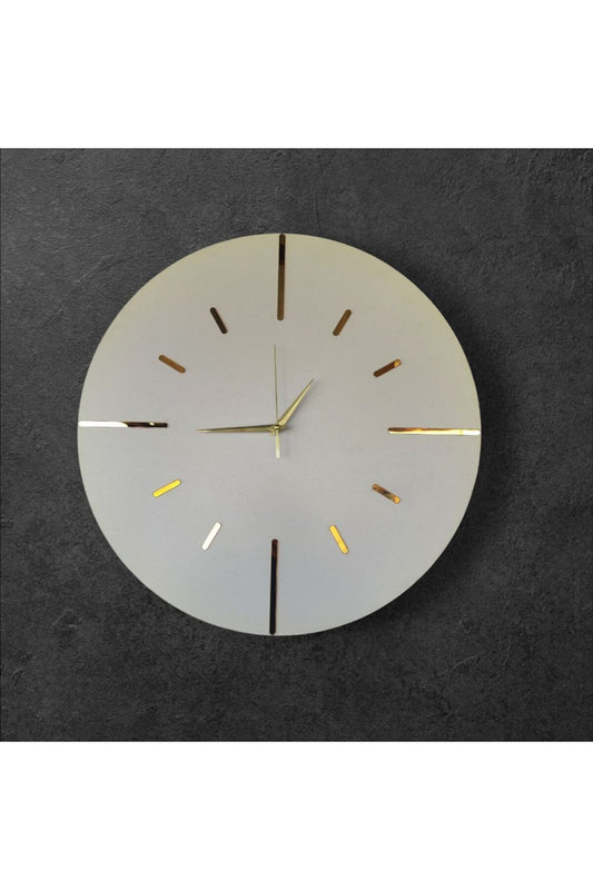 Beyaz Renk Gold Aynalı Sade Sessiz Hediyelik Ahşap Dekoratif Ev Ofis Duvar Saati 50cm