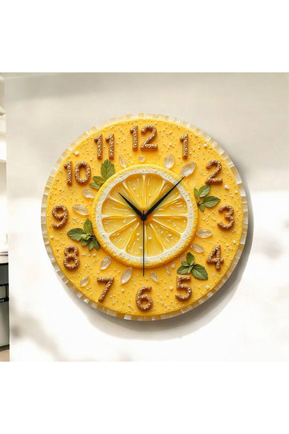 2D Kabartma Görünümlü Limon Renkli Baskı Desenli Sayılı Hediyelik Ahşap Sessiz Duvar Saati