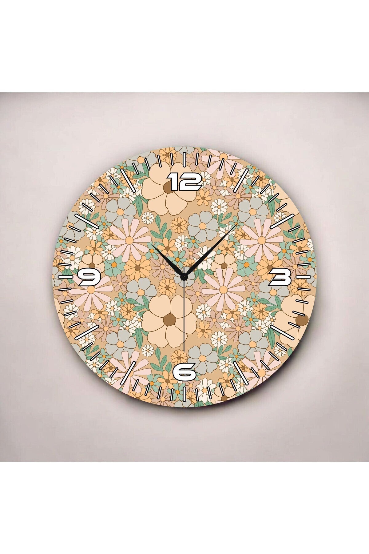 Papatya Arka Planlı Renkli Baskı Çiçek Desenli Sayılı Hediyelik Ahşap Sessiz Tablo Duvar Saati