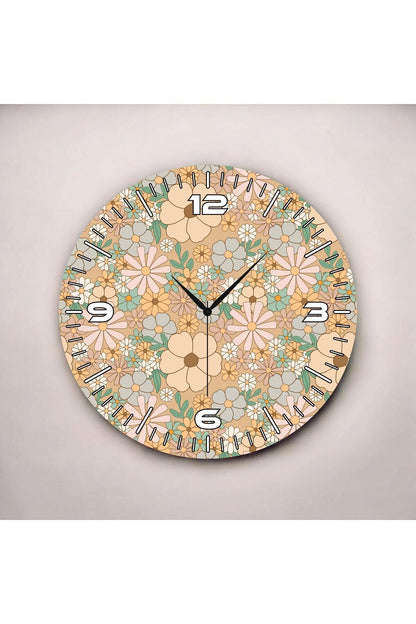 Papatya Arka Planlı Renkli Baskı Çiçek Desenli Sayılı Hediyelik Ahşap Sessiz Tablo Duvar Saati